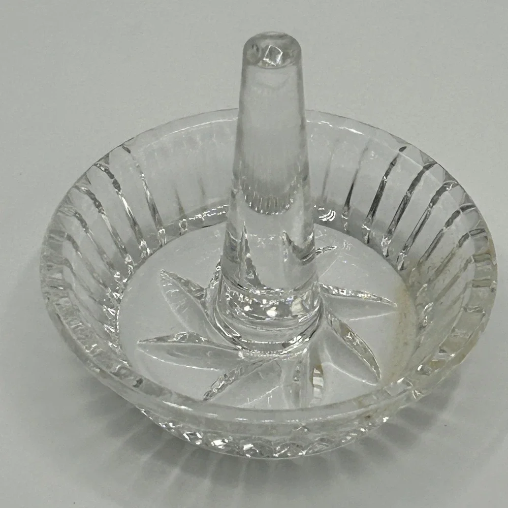 Vintage Clear Pressed Glass Thick Ring Holder Starburst Base Ribbed Trinket Dish